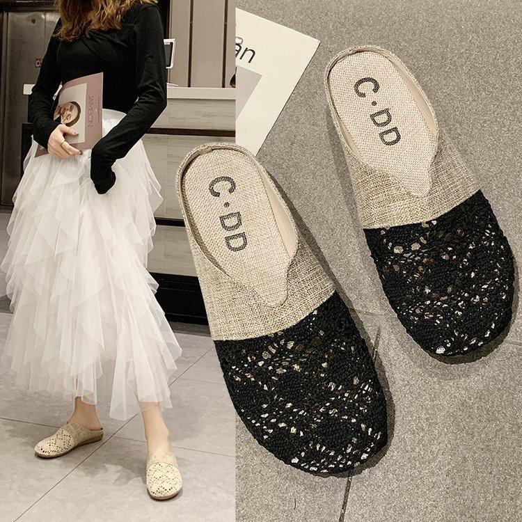 Baotou Slippers Women's New Summer Fashion Outer Wear Mesh Half-drag Flat Bottom Without Heel Lazy Cool Slippers