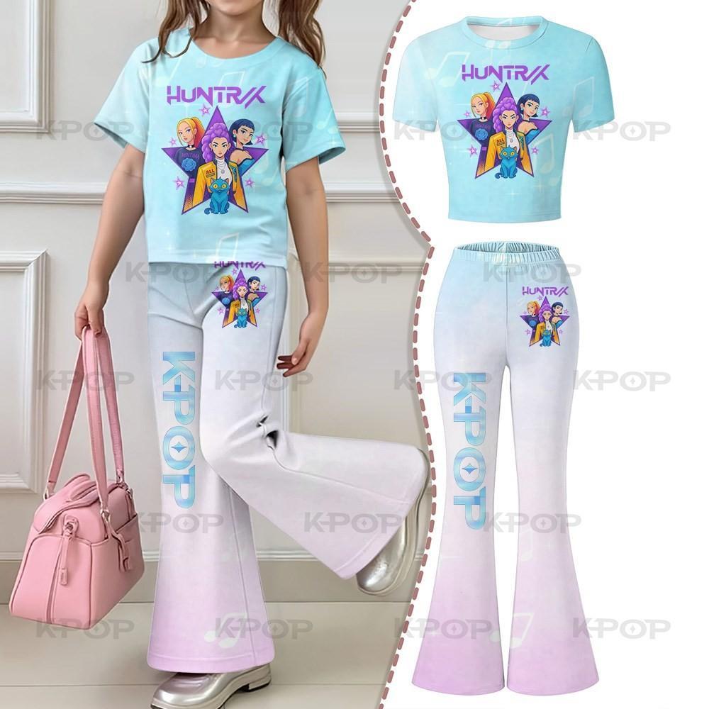 2026 Kinder-Kurzarm-Set für Mädchen im Alter von 4-12 Jahren, Zweiteiliges Set aus Kurzarm-Oberteil und Schlaghosen, Kpop Hunter Mädchengruppen-Print-Kleid