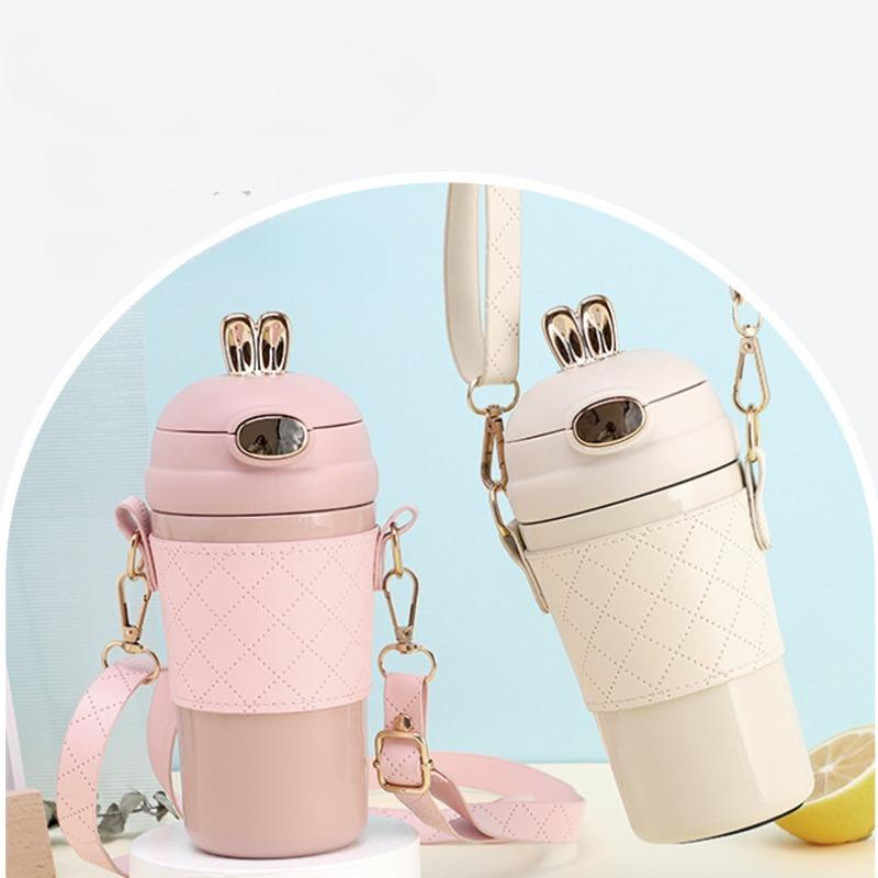 Good-looking Thermos Cup Girl Adorable Rabbit Bounce Straw Cup Portable Chain Strap Leather Case Outdoor Activity Office Water Cup
