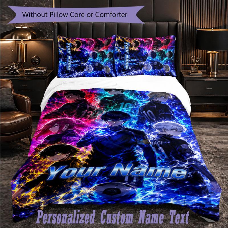 Personalized 3Pcs Bedding SetBlue Lock Custom Text Duvet Cover Pillowcase Set Bedroom Gift