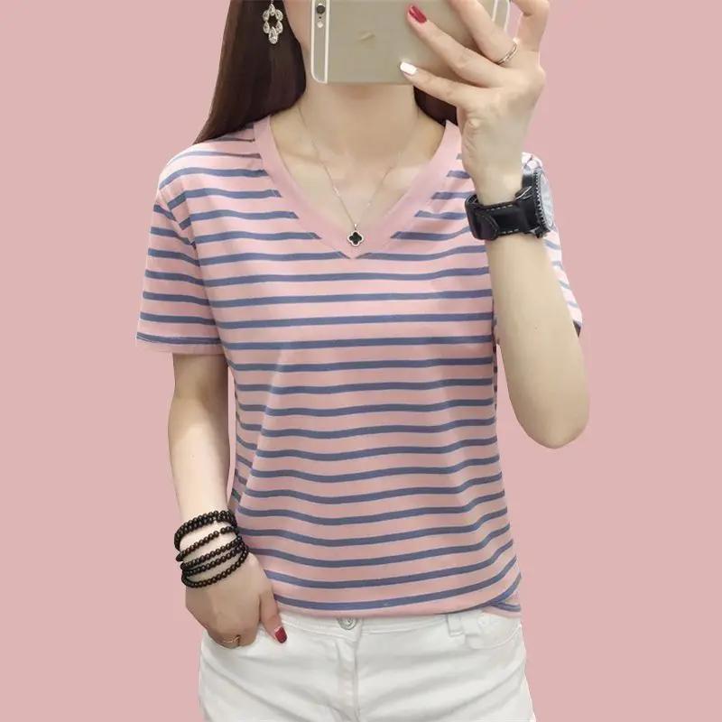 Women's Summer Striped T-shirt Casual V Neck Short Sleeve Slim Fit Top