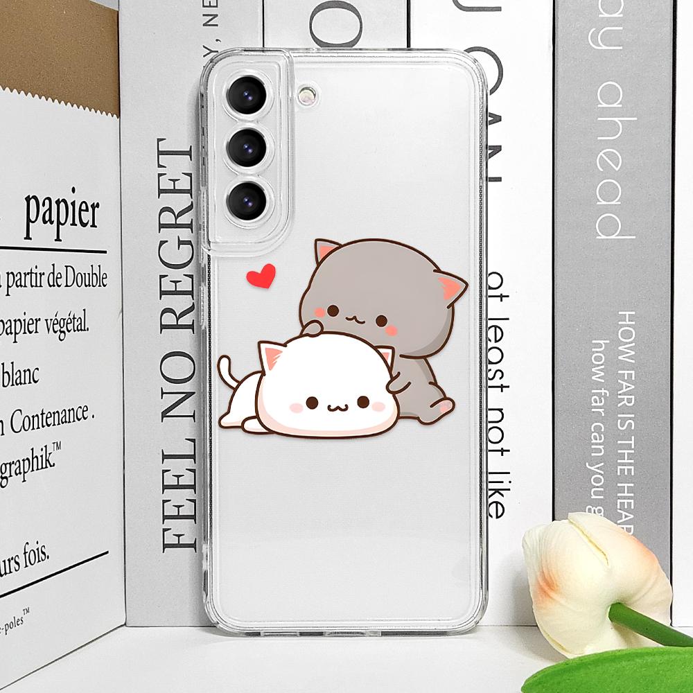 Funny Cartoon Peach Mochi Cat Phone Case for Samsung Galaxy S24 S23 S22 S21 S25 Ultra Plus FE 5G Clear Soft Covers Couple Fundas