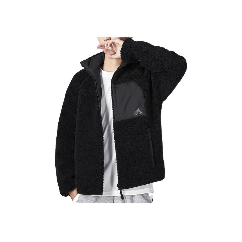 Adidas Reversible Sherpa Fleece Warm Stand Collar Long Sleeve Cotton Jacket Men Jackets Black HN2077