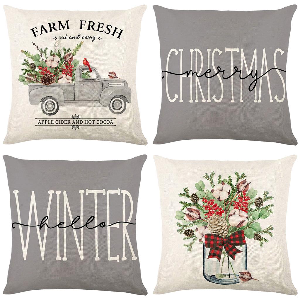 Christmas Plant Flower Pillow Cover Polyester Home Letter Print Sofa Cushion Cover Pillow