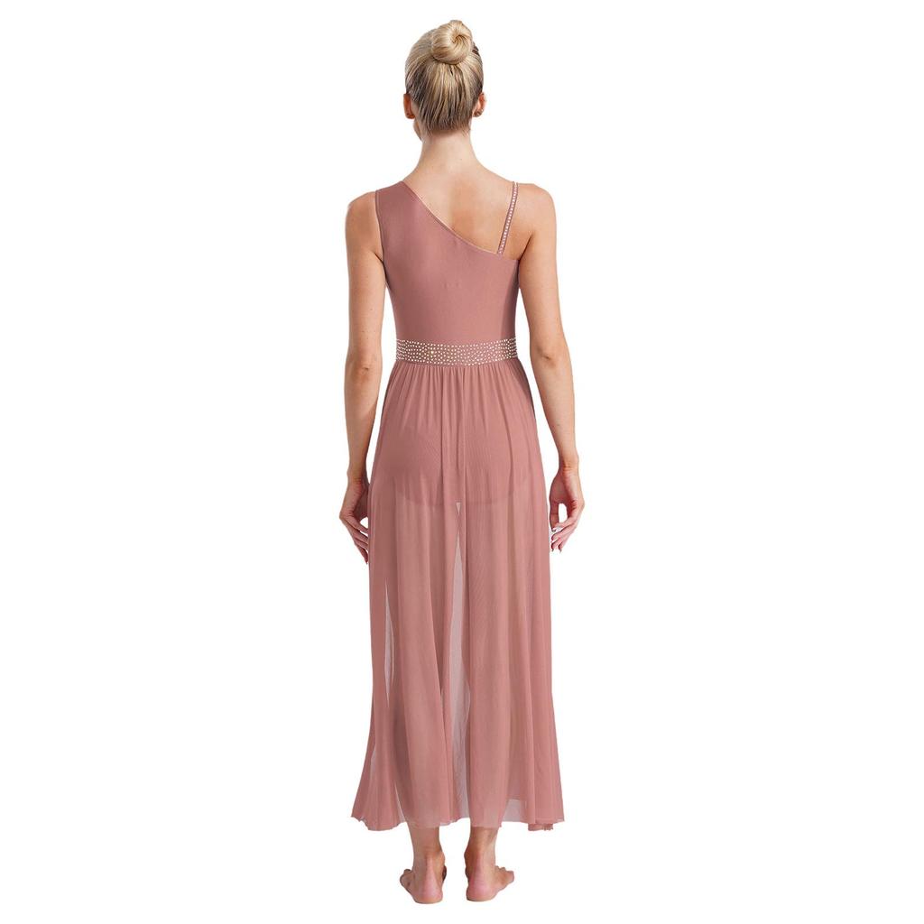 Womens Lyrical Dance Dress Glittery Rhinestones Asymmetrical Shoulder Sleeveless Split Sheer Mesh Performance Gown