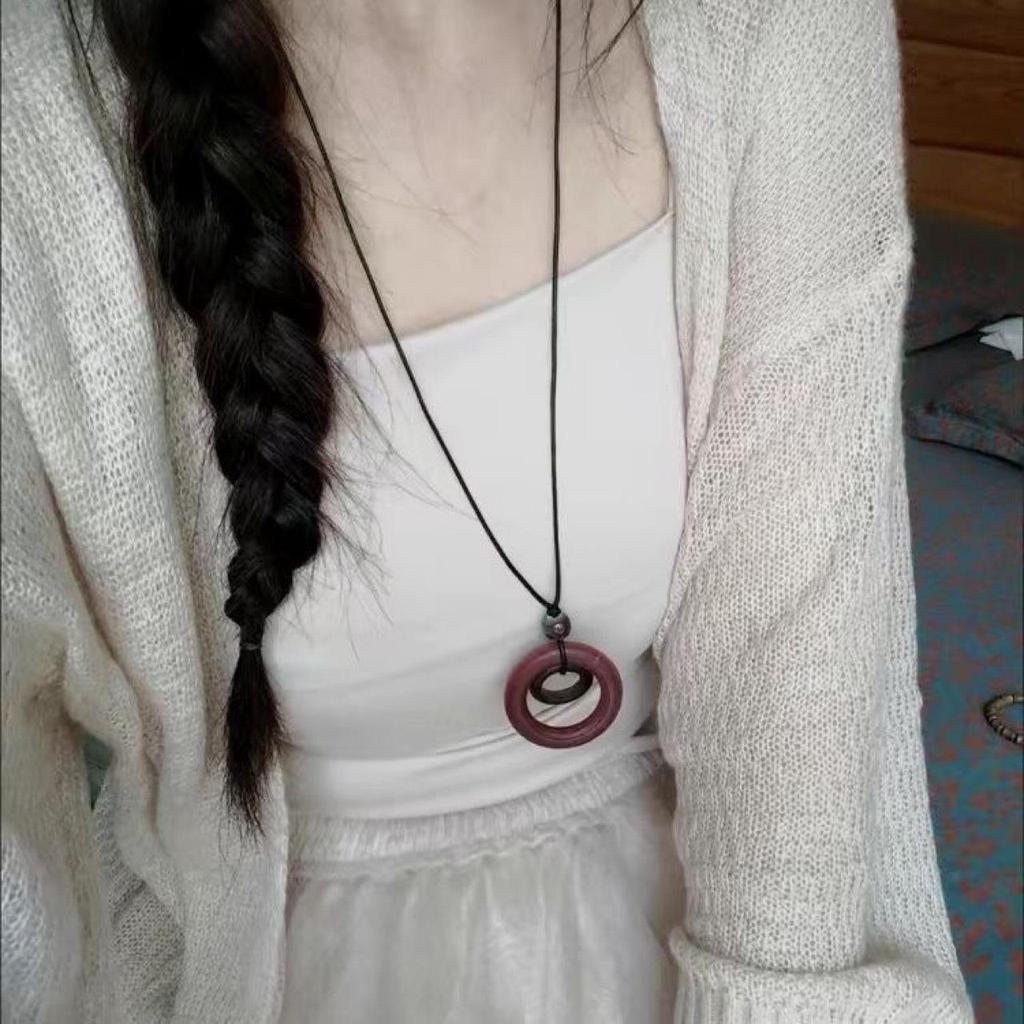 Mori Style Ethnic Wooden Necklace: Creative Wood Ring & Circle Long Sweater Chain for Women