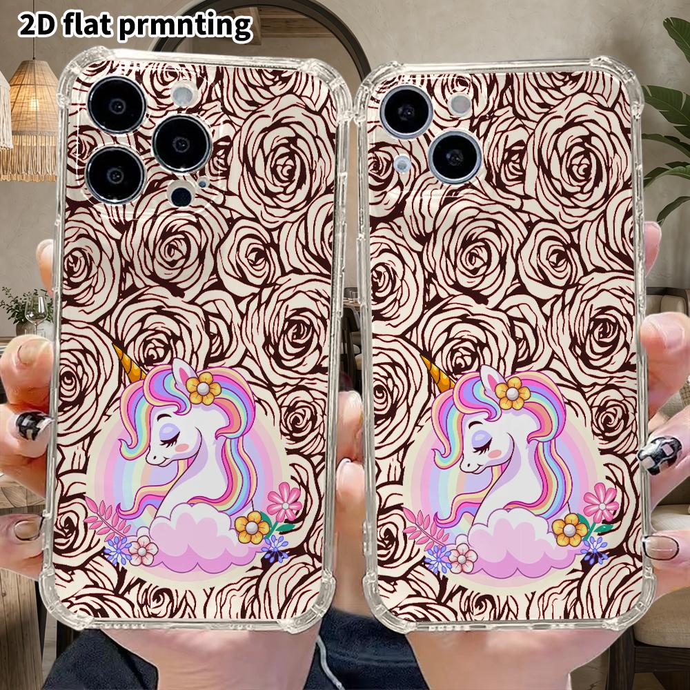 Phone Case: 2D Flat Design, Fits iPhone 18 17 16 15 14 13 Pro, Transparent Corners Protection Case, Rainbow Unicorn, Christmas and Halloween Gift