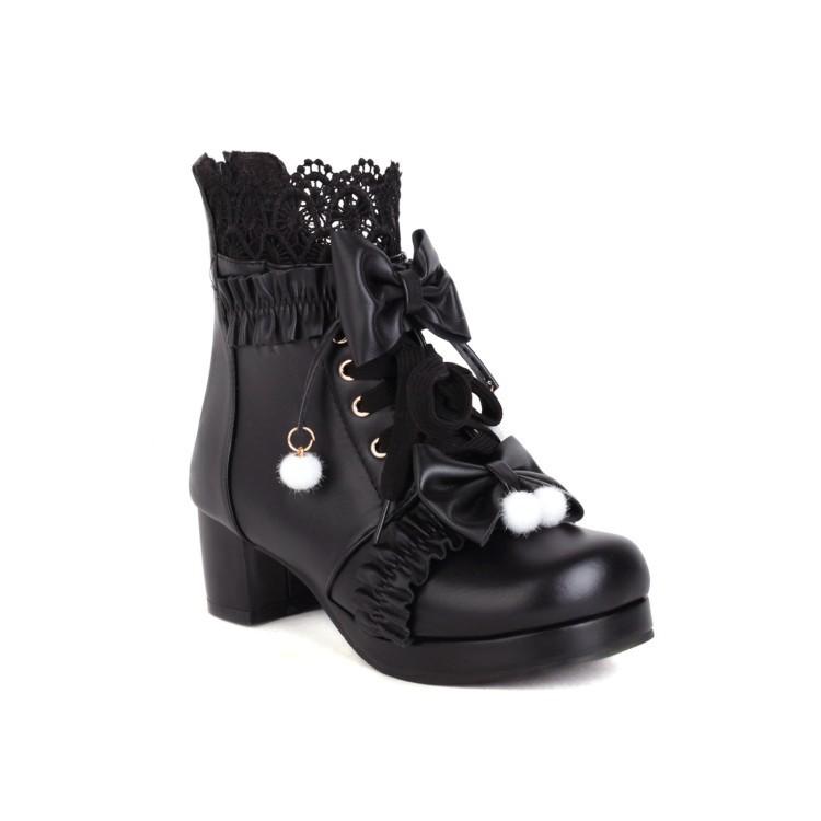 Autumn and Winter New Lolita Short Boots Women and Girls Cute Flower Bow Lace Mesh Martin Boots