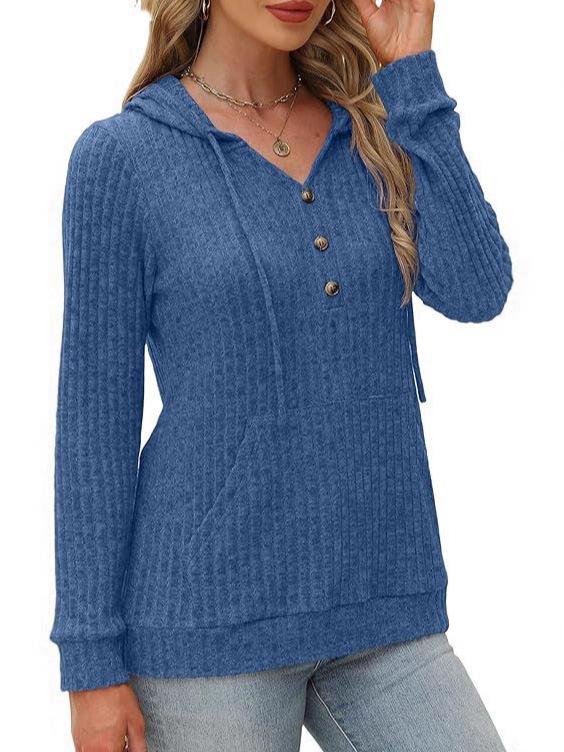 2025 Autumn/Winter Women's Solid Color Ribbed Knit Hoodie Sweater