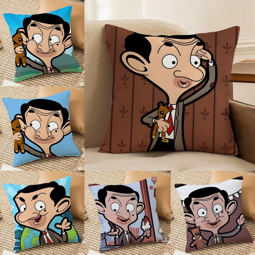 Funny Cartoon Characters Mr BeanForGrowth Cushion Cover Silky Elegant Comfort Sofa Bed Invisible Zipper Beach Pillowcase