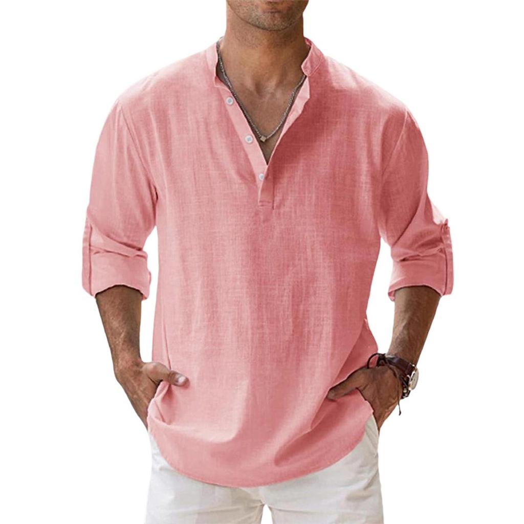 Men's Casual Loose Stand,up Collar Sweatshirt, Men's ,color Long,sleeved Cotton And Linen Shirt Top