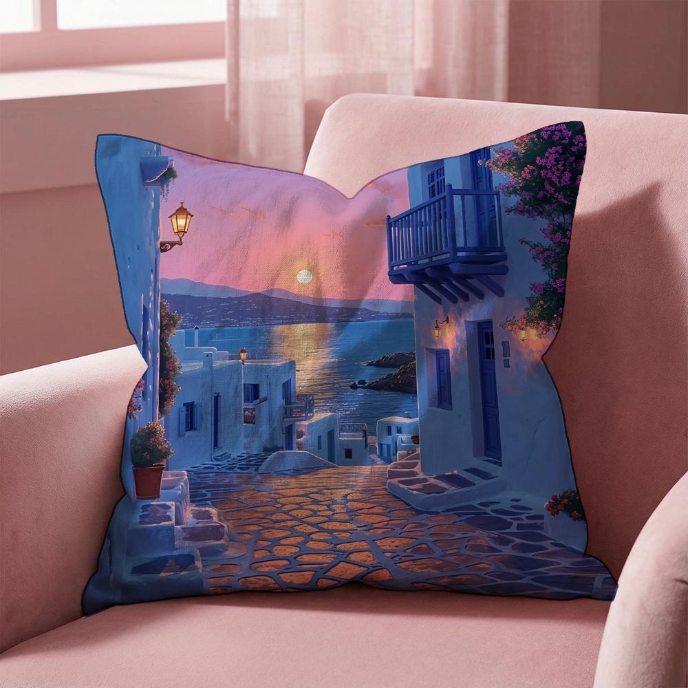 Santorini Landscape Cushion Cover Multi-Scene Pillow Cover for Home & Car - Reversible, Soft & Durable for Daily Use