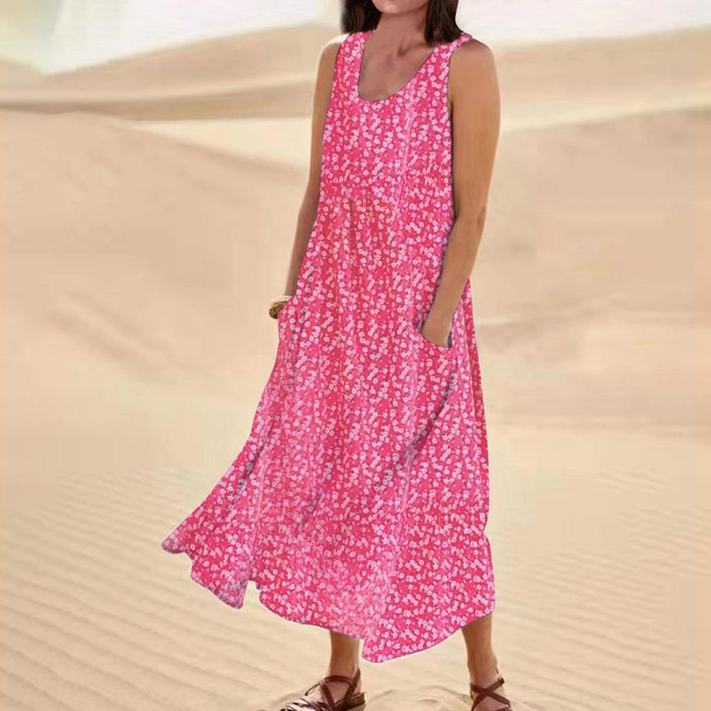 Women's Summer Round Neck Printed Sleeveless Large Swing Dress With Pockets