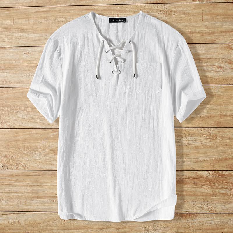 INCERUN Tricouri Topuri Casual de Vară pentru Bărbați Vintage cu Mânecă Scurtă, cu Șireturi la Gât, Culoare Solidă