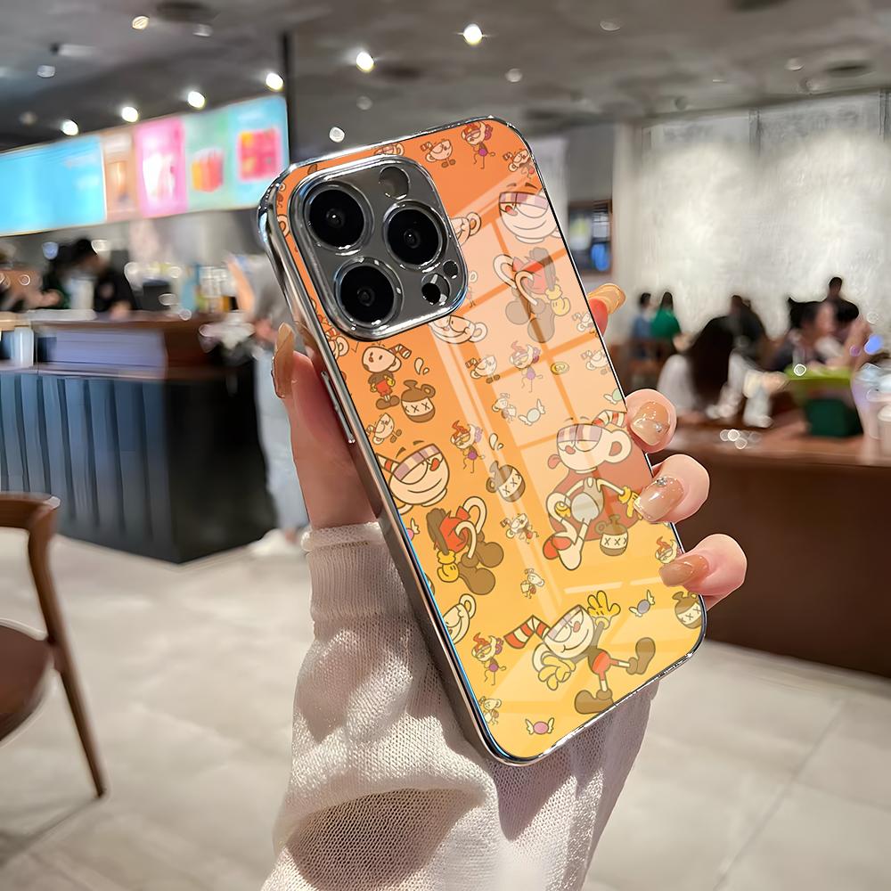 

Cartoon Cuphead Game Phone Case For IPhone 17 Pro Max 15 Pro 16 14 Plus 12 13 Mini 11 Pro Shockproof Electroplated Glass Cover iPhone17