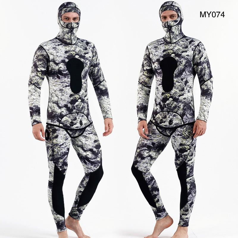 3mm Camo Wetsuit Set Hooded Two Piece Diving Suit Freediving Snorkeling Spearfishing Men Adult