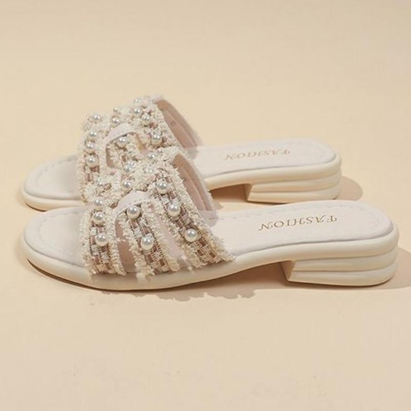 Summer New Pearl Slippers Women's Outerwear Flat Bottom One-word Drag Versatile Beach Sandals with Skirt