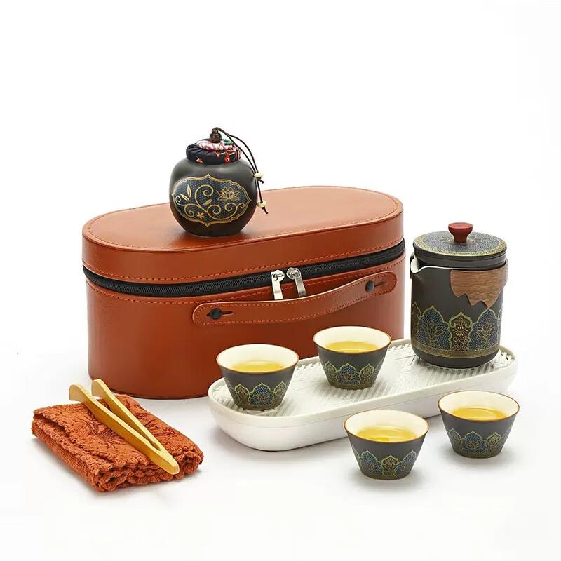 Gilded Black Portable Tea Set