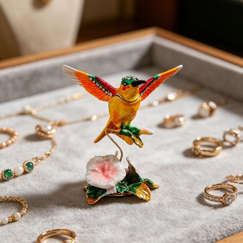 Vanity Ring Earring Storage Box with Bird Shape, Hinged Alloy Body and Flower Base for Dresser Display Use Value