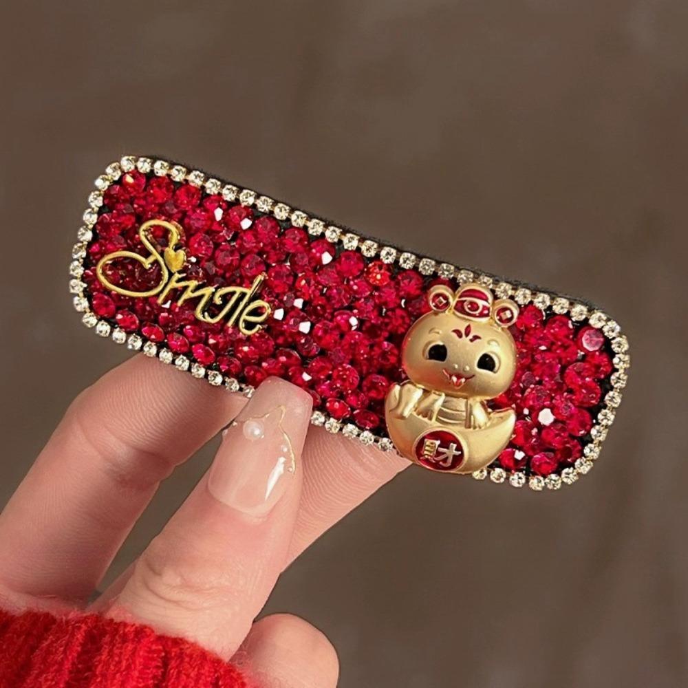 New Year Headwear Red Rhinestone Hairpin Animal Zodiac Dragon Hair Clip Creative   Daily