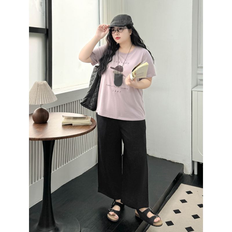 Plus size women clothing [Ice Silk Instant Cool Pants] Three Pants Length Texture Sense Summer High Waist Capri Wide Leg Cool Pants