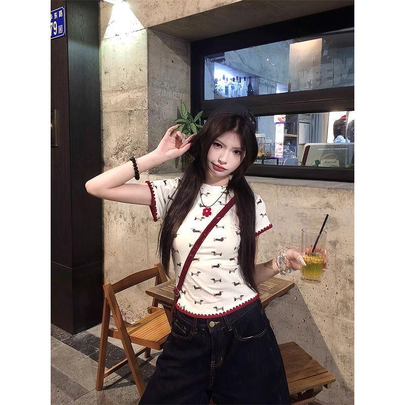 Korean version contrasting color sausage puppy printed short-sleeved T-shirt women's summer new fashion foreign style age-reducing thin top tide