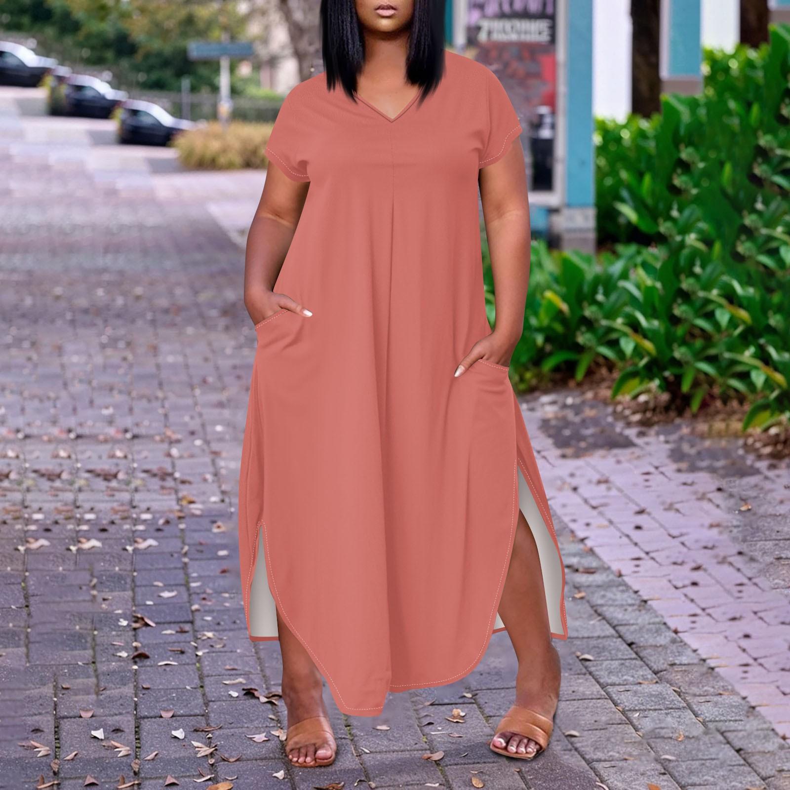 Women s Temperament Short Sleeve Casual Color O-Neck Plus Size Dress L