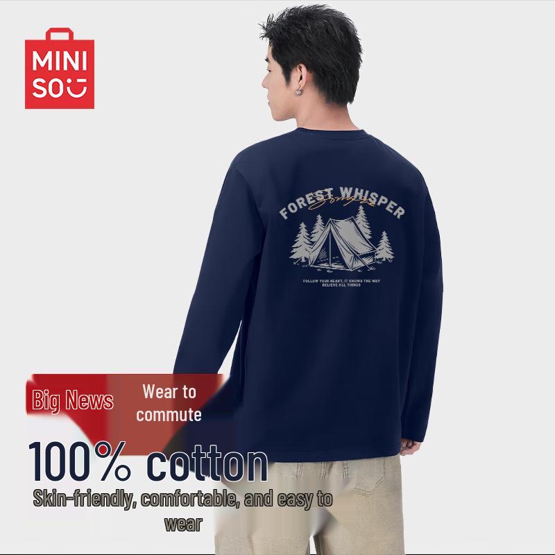 MINISO Men s Loose Fit Pure Cotton Long Sleeve Round Neck T-Shirt 4XL