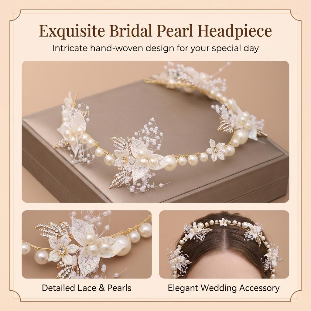 Bridal Rhinestone Leaf Headband Pearl Hairpiece Wedding Accessory