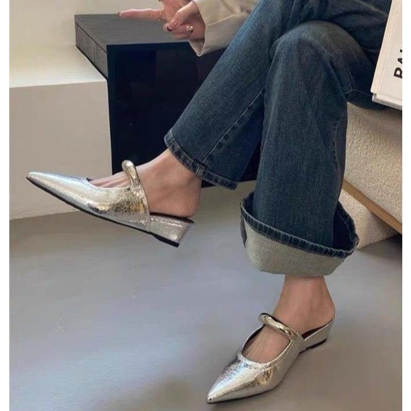 

Модные панк готические металлические сандалии на низком каблуке с пряжкой, женские новые летние шлепанцы с острым носком и толстым каблуком, женская платформа, обувь мюли 35 серебряный