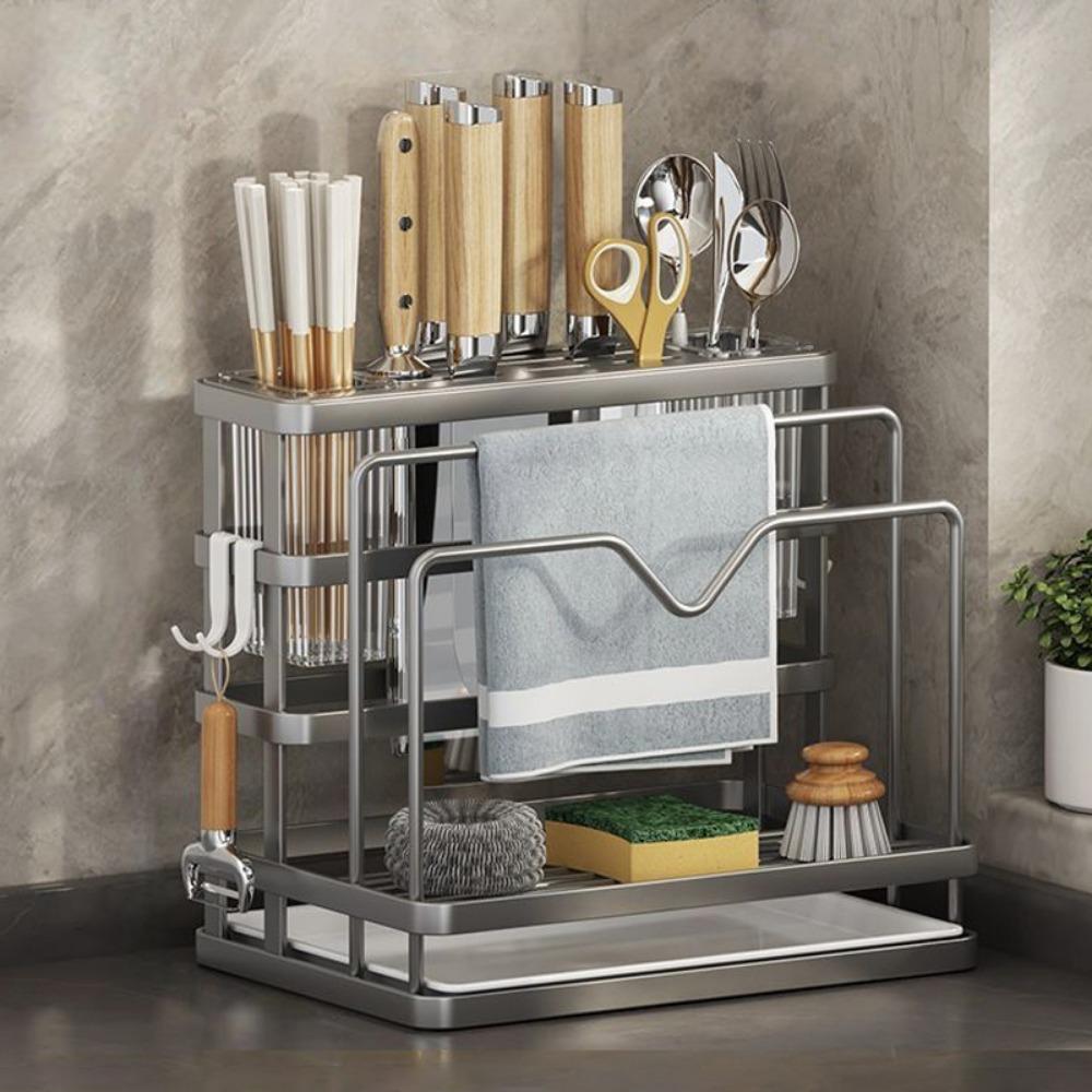 Carbon Steel Kitchen Countertop Organizer With Drainage Tray WIth Chopstick Cage Kitchen Stand Holder Wall Mounted/Countertop