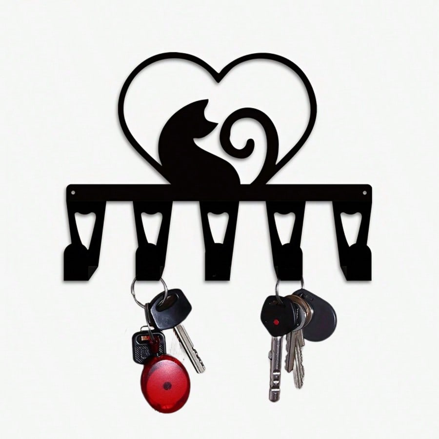 Modern Cat Heart Key Holder Metal Wall Art 5 Hooks Minimalist Entryway Decor