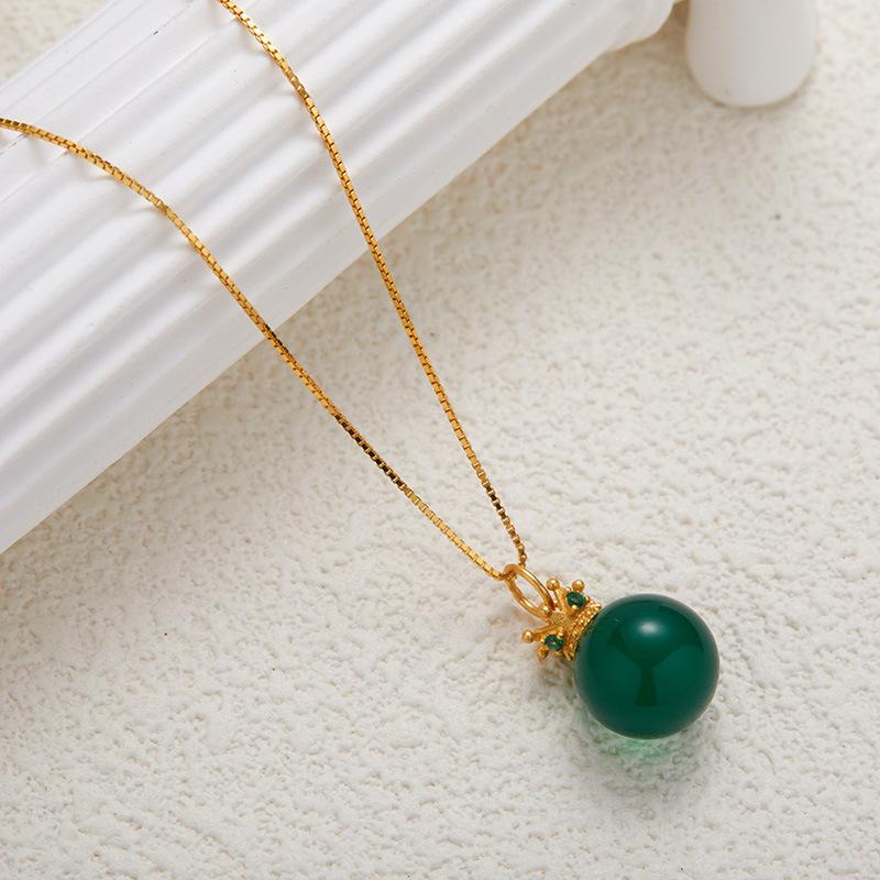 Ancient Gold Craft S925 Sterling Silver Natural Chalcedony Turquoise Treasure Necklace Women'S Fashion Design Versatile Pendant