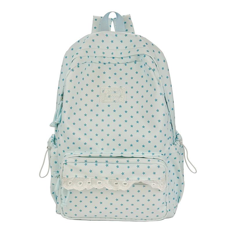 Star Print Backpack with Lace Trim and Front Zipper Pocket