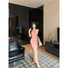 [Chest Pad] Ribbon Sleeveless Neck Dress Women's Summer With Chest Pad Split Skirt Slim-fitting Waist Wrap Hips Long