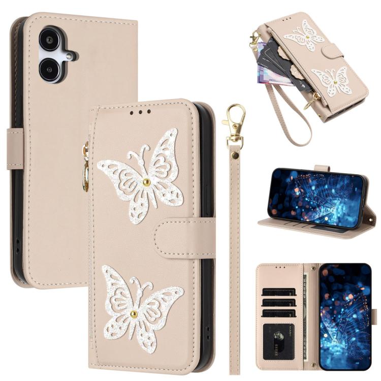 Glitzer Schmetterling Reißverschluss Veganes Leder Handyhülle Für Galaxy A07 4G / A06 5G / A06 4G, Kartenhalter Handgelenkschlaufe Stoßfeste Hülle