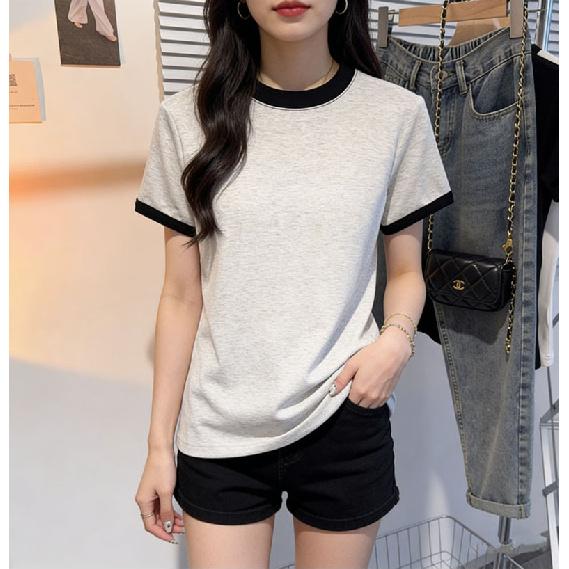 Two-tone round-neck short-sleeve t-shirt for women, 2026 new summer base shirt, slim-fit short top