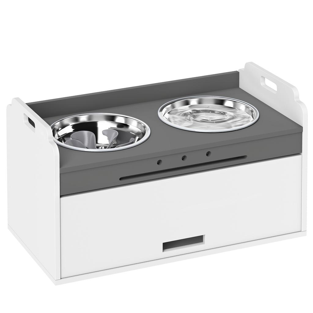 Elevated Dog Bowl Feeding Bowl with Storage Cabinet, 2 Bowls with Anti-Slip Rings, 60 x 30 x 35.5 cm, White
