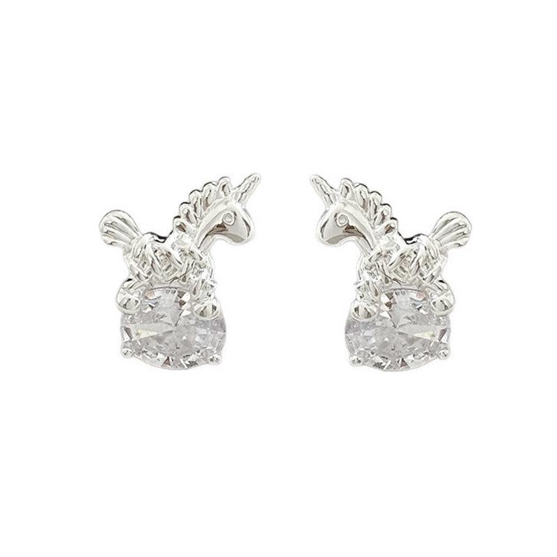 S925 Sterling Silver Unicorn Zircon Stud Earrings - Light Luxury, Personalized Design for Women