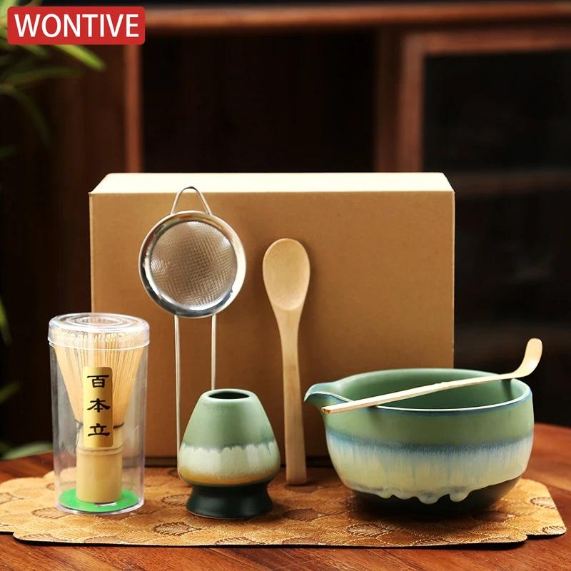 6PCS Matcha Tea Set Ceramic Matcha Bowl Bamboo Whisk Scoop Teaspoon Sifter Vintage Song Dynasty Tea Ceremony Kit