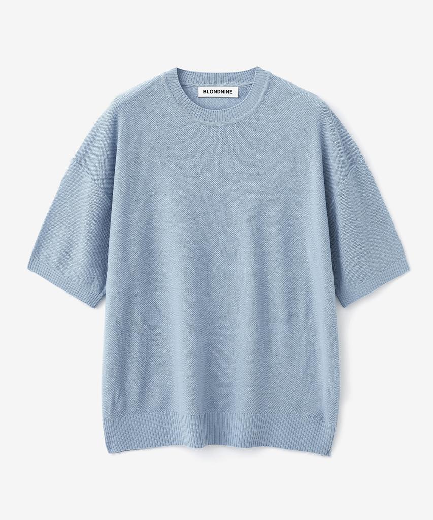 BLOND9 Mesh Pk Round Neck Short Sleeve Knit_Sky Blue