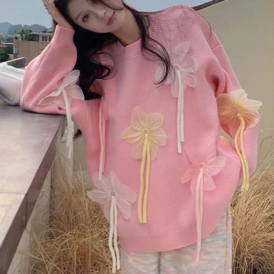 Women 3D Flower Solid Color Sweaters Sweet Woman Casual Round Neck Knitted Top Autumn Loose and Versatile Ladies Sweater
