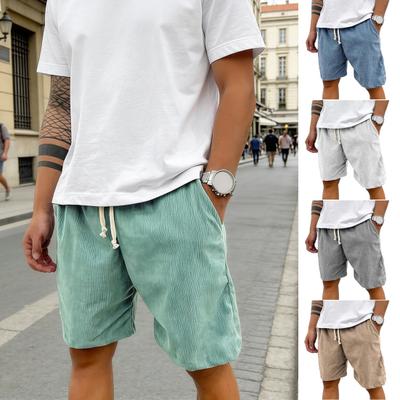 Men Shorts Elastic Waist Adjustable Drawstring Wide Leg Summer Corduroy Shorts with Pockets Loose Fit Casual Shorts Travel Wear