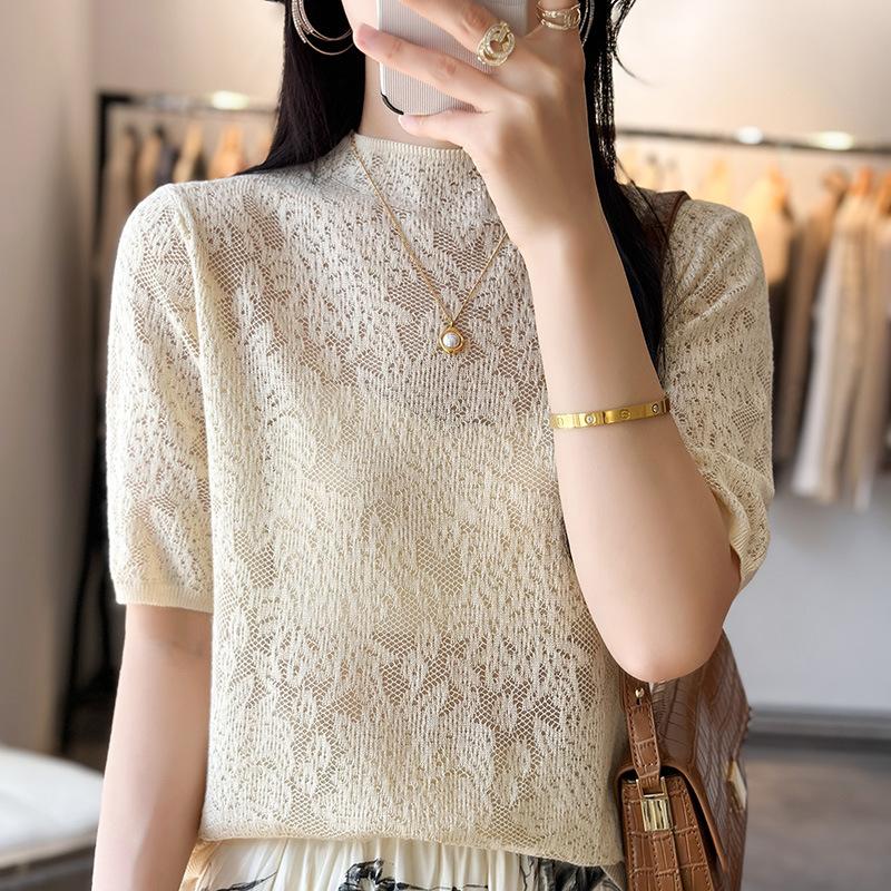 Half-high Neck Hollowed-out Imitation Wool Knitted Short-sleeved T-shirt Base Shirt for Women's Summer New Fashionable Top