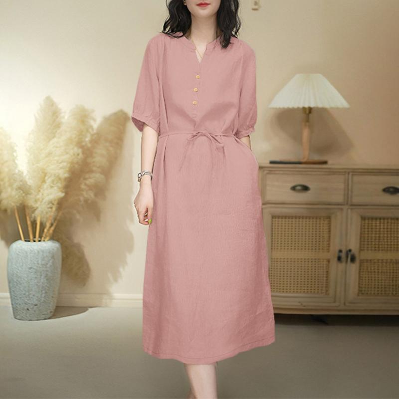 ZANZEA Women Casual Round Neck Solid Color Short Sleeve Dress