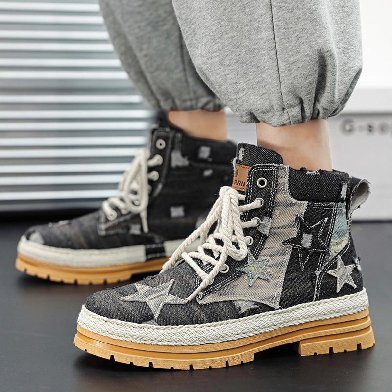 Autumn and Winter Straw-soled Denim Canvas Shoes Fashion Casual Thick-soled Tooling Boots High-top Lace-up Trend Martin Boots