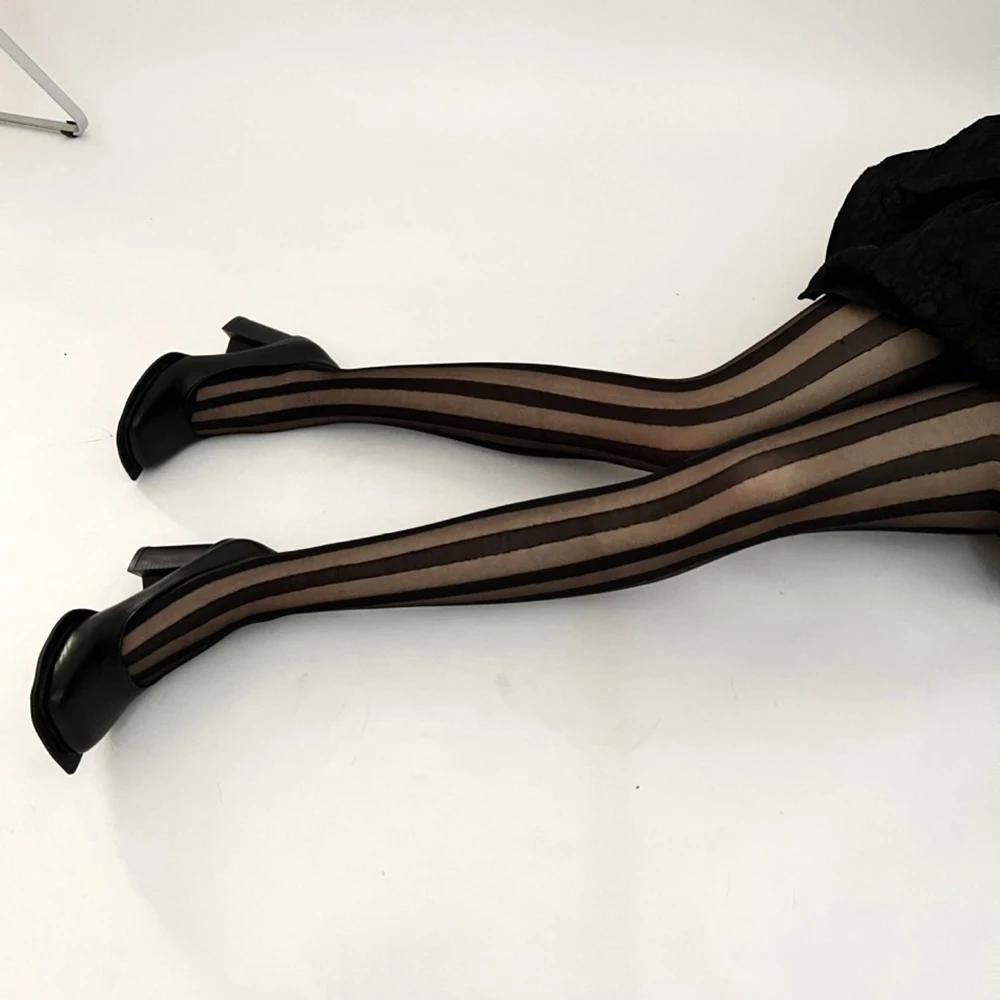 Women's Vintage Stocking Sexy Sheer Wide Vertical Stripe Pantyhose Tights Retro Classic Hosiery Japanese Vertical Stripes Socks