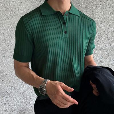 Summer Men's Clothing Retro Knit Lapel Striped Polo Shirt Solid Color Short Sleeve Fashion Light Luxury Popular Knitwear