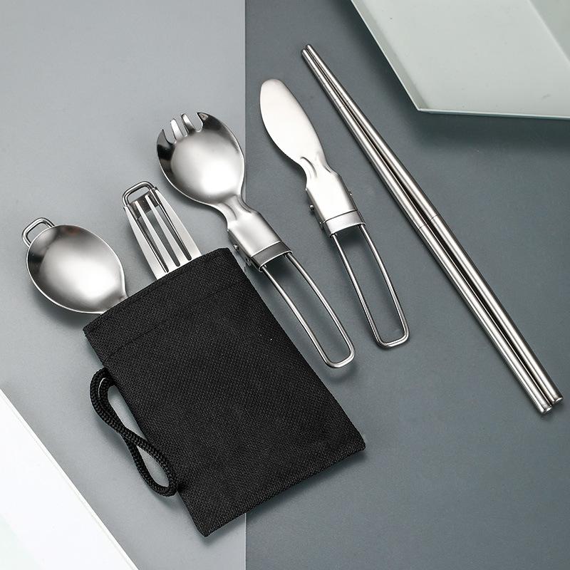 5pcs Folding Outdoor Cutlery Sets Stainless Steel Detachable Travel Fork Knife Spoon Salad Picnic Full Tableware Kids Adults