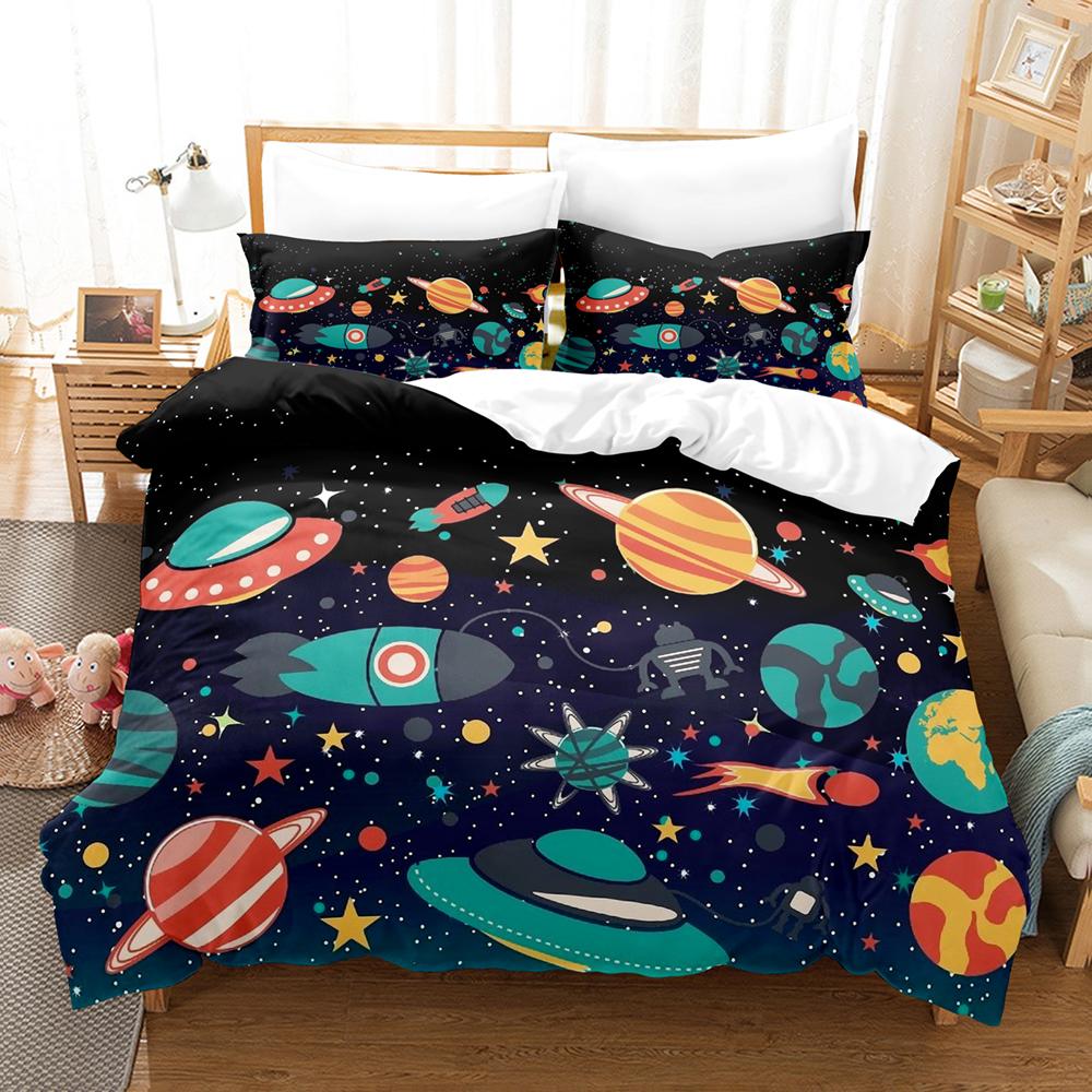 Space Bedding Boys Cute Space Alien Duvet Cover Green Rocket Ship Cartoon Planet Comforter Cover Black Bedding Set For Kid Teen